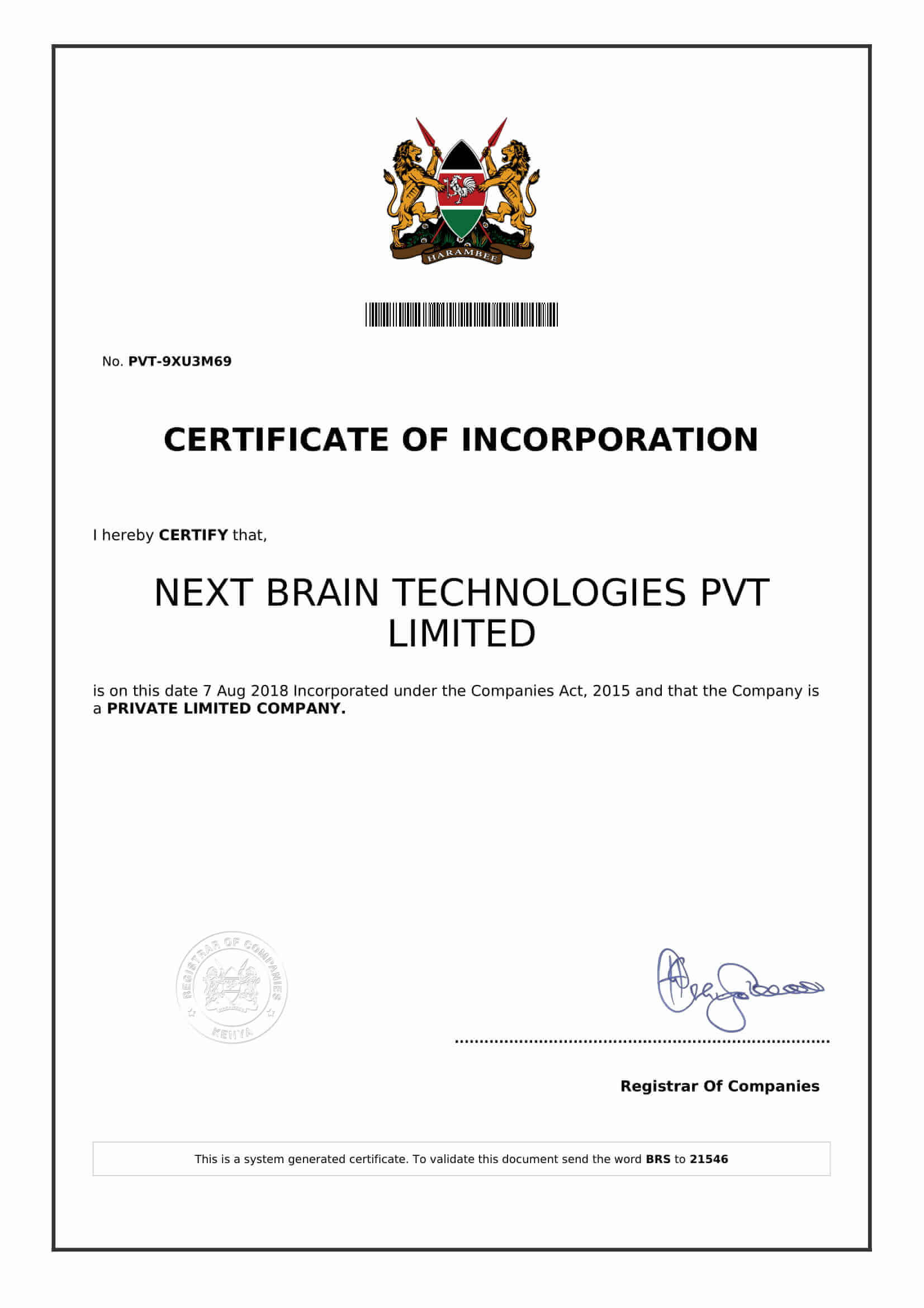 Nextbrain office registration certificate kenya